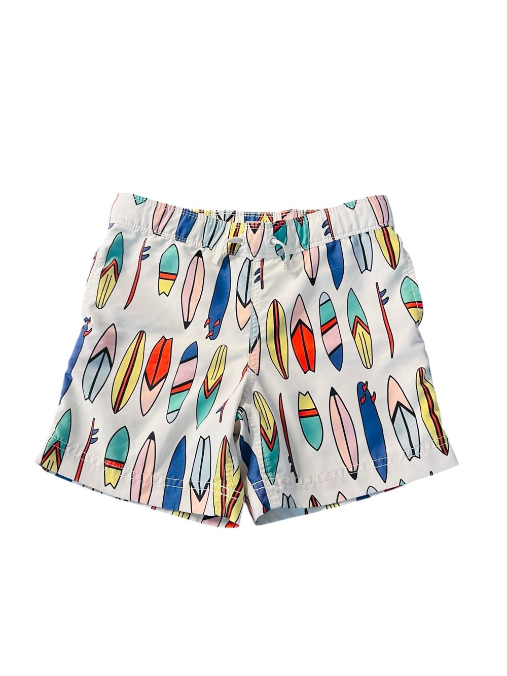Hanna Andersson White Swim Trunks with Colorful Surfboard Print Boys Size 5